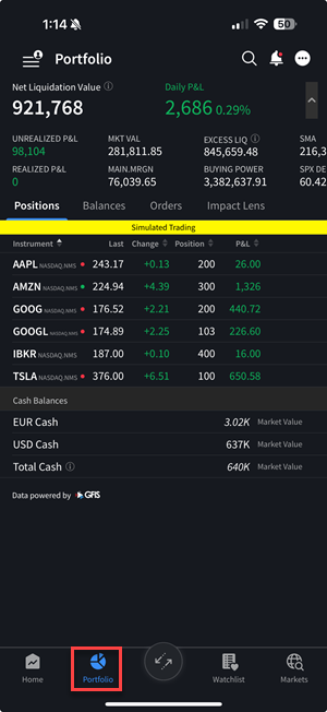 The portfolio details on the iPhone. 